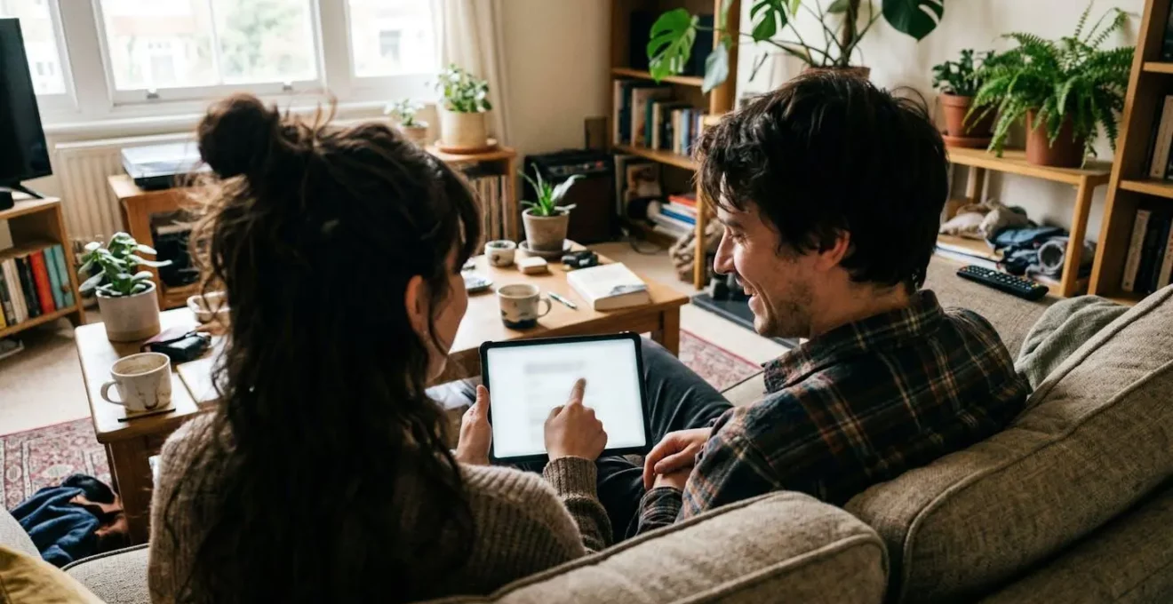 Un couple trentenaire assis sur un canapé beige, l'un pointe du doigt vers une tablette, expressions concentrées, salon lumineux avec plantes vertes et tasses de café