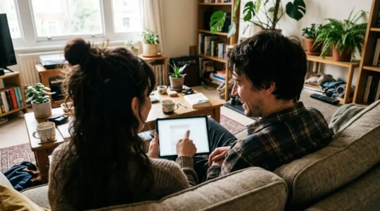 Un couple trentenaire assis sur un canapé beige, l'un pointe du doigt vers une tablette, expressions concentrées, salon lumineux avec plantes vertes et tasses de café