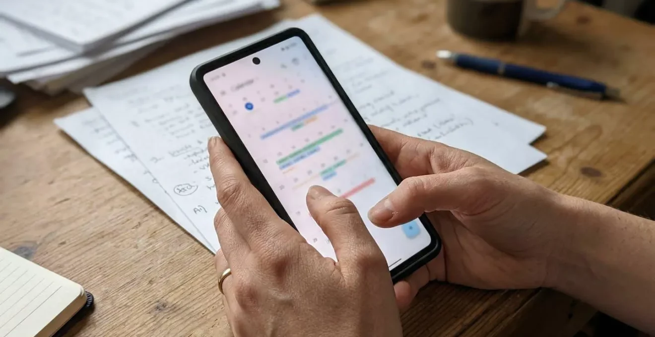 Des mains tiennent un smartphone au-dessus d'une table en bois avec des documents papier et un stylo en arrière-plan flou