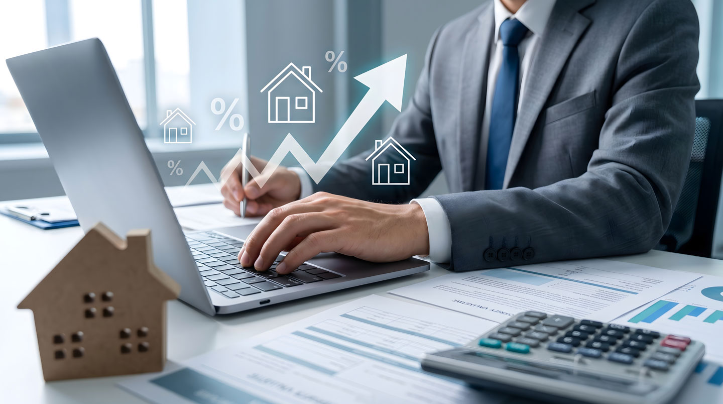 Bureau d'agent immobilier avec documents de transaction, calculatrice, plans de townhome et ordinateur affichant données de marché immobilier