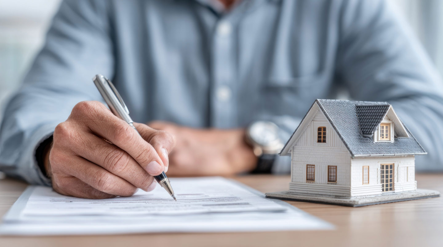 Scène de signature d'acte immobilier avec documents officiels sur table de notaire, stylo et main approchant pour signer