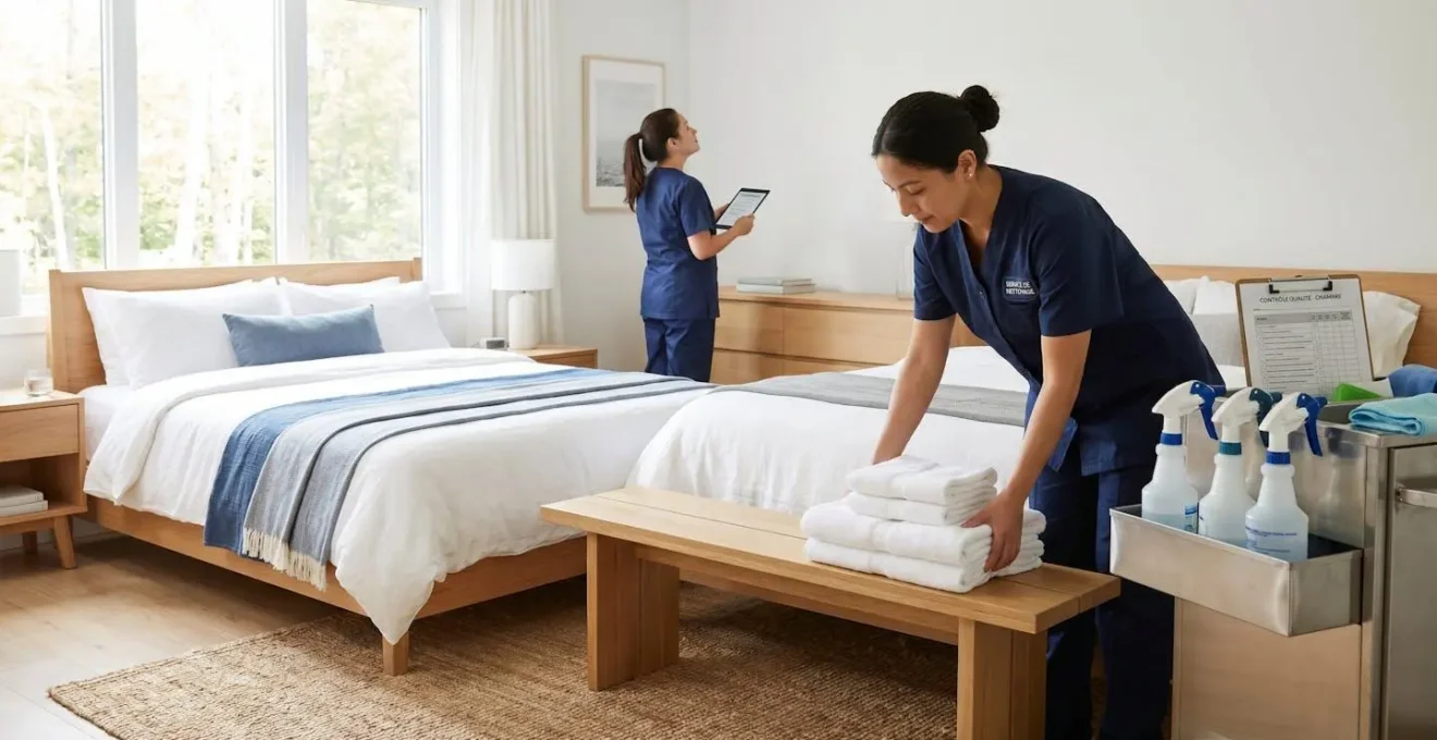 Agent d'entretien professionnel préparant le linge frais et contrôlant la qualité d'une chambre de location saisonnière