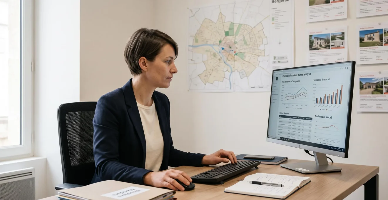 Agent immobilière consultant des données de marché immobilier sur écran dans une agence de Bergerac, analysant graphiques de prix et tableaux statistiques
