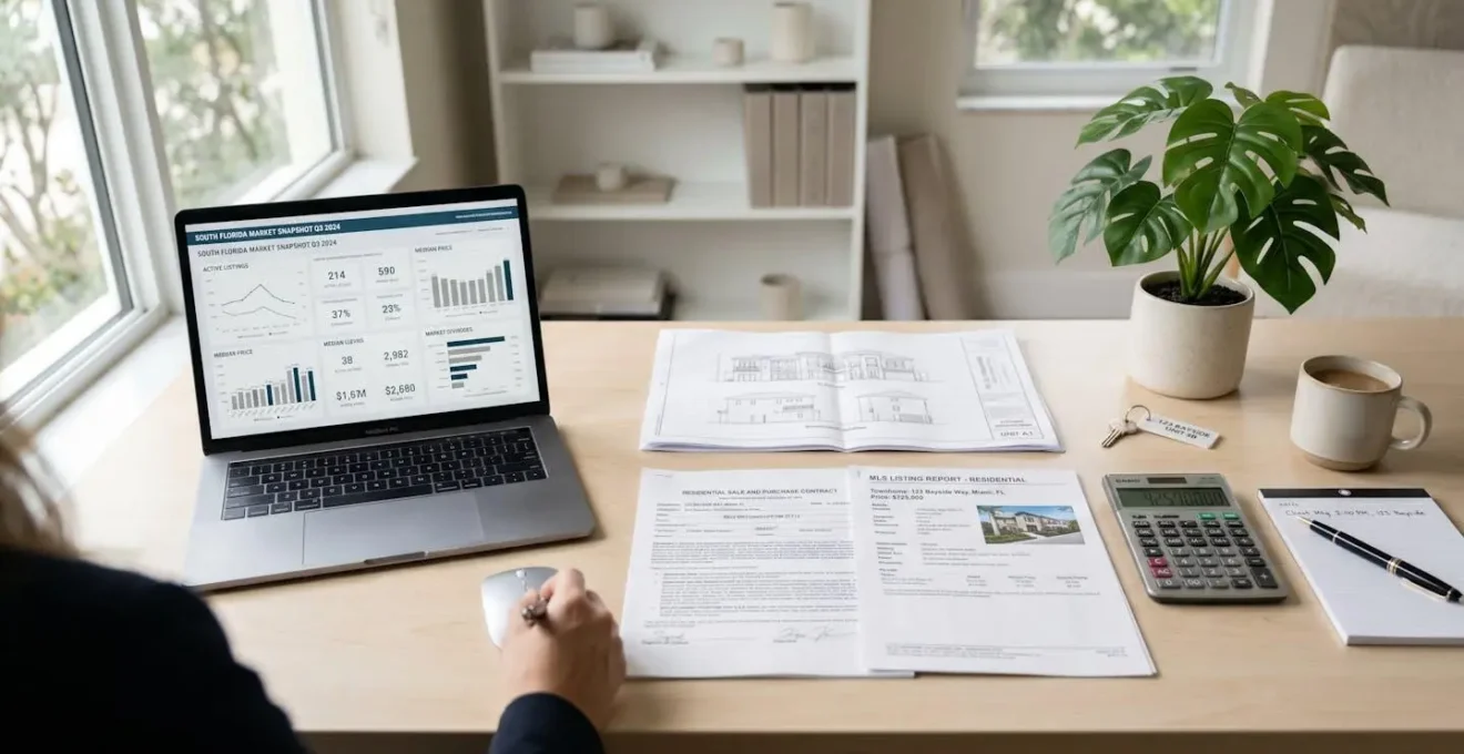 Bureau d'agent immobilier avec documents de transaction, calculatrice, plans de townhome et ordinateur affichant données de marché immobilier