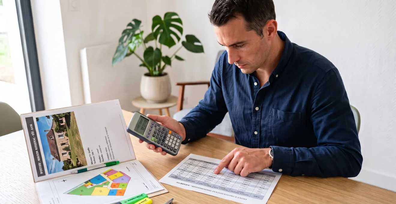 Investisseur calculant la rentabilité locative d'un bien à Bergerac, consultant tableau financier et utilisant calculatrice avec dossier immobilier ouvert