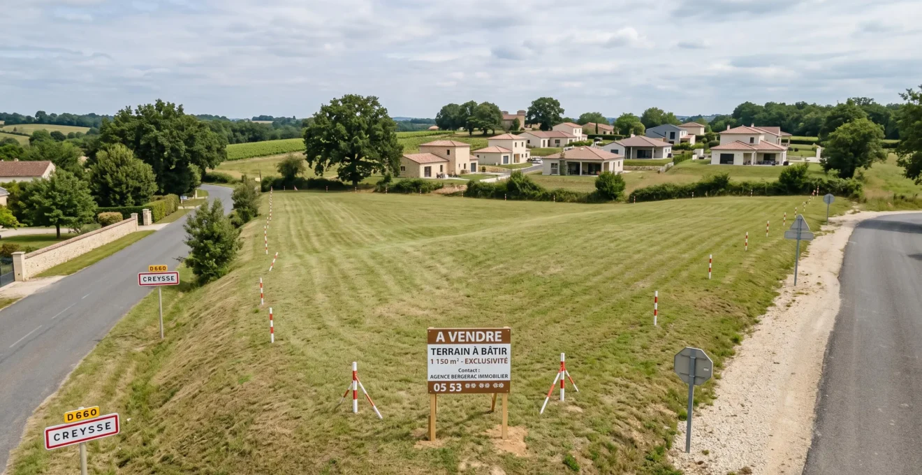 Parcelle de terrain constructible viabilisée à Bergerac délimitée par des bornes géomètre, avec panneau de vente et maisons résidentielles en arrière-plan