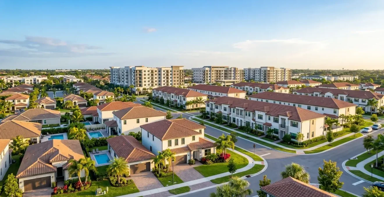 Vue panoramique d'un quartier résidentiel moderne en Floride montrant différents types d'habitations : maisons individuelles avec piscines, townhomes et condos, sous un ciel bleu avec palmiers