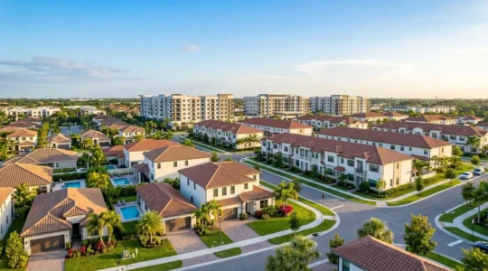 Vue panoramique d'un quartier résidentiel moderne en Floride montrant différents types d'habitations : maisons individuelles avec piscines, townhomes et condos, sous un ciel bleu avec palmiers