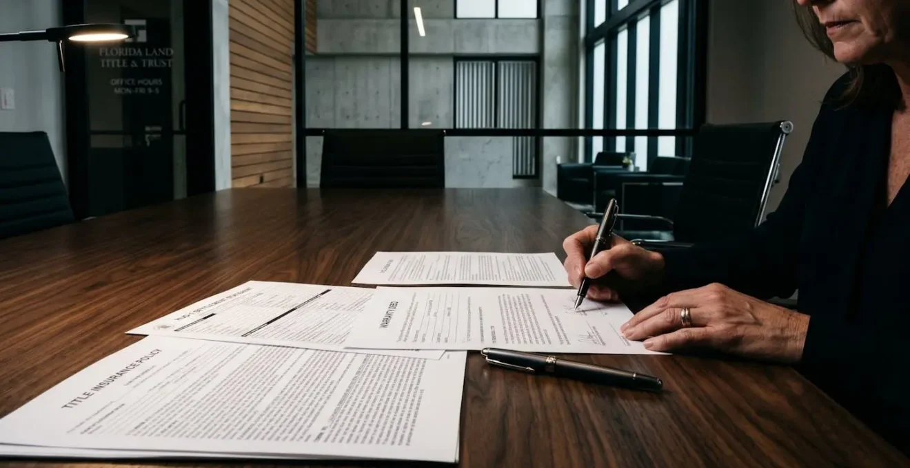 Scène de signature d'acte immobilier avec documents officiels sur table de notaire, stylo et main approchant pour signer