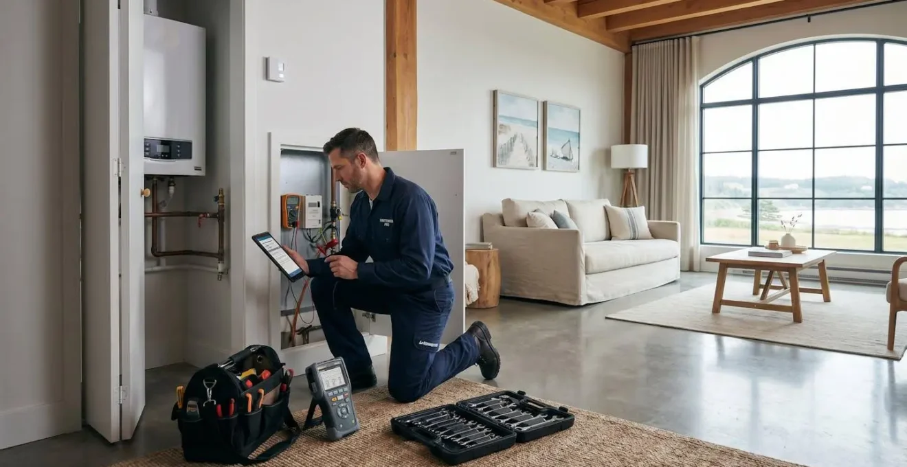 Technicien professionnel effectuant la maintenance d'un radiateur dans un appartement de location saisonnière moderne avec décor contemporain