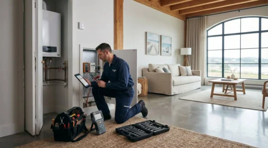 Technicien professionnel effectuant la maintenance d'un radiateur dans un appartement de location saisonnière moderne avec décor contemporain