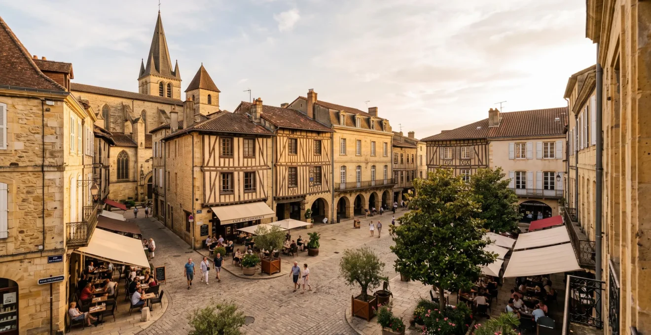 Vue d'ensemble d'une place du centre historique de Bergerac avec façades en pierre calcaire blonde typiques du Périgord, arcades médiévales et terrasses sous lumière dorée d'après-midi