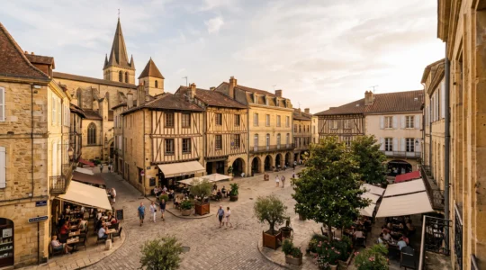 Vue d'ensemble d'une place du centre historique de Bergerac avec façades en pierre calcaire blonde typiques du Périgord, arcades médiévales et terrasses sous lumière dorée d'après-midi