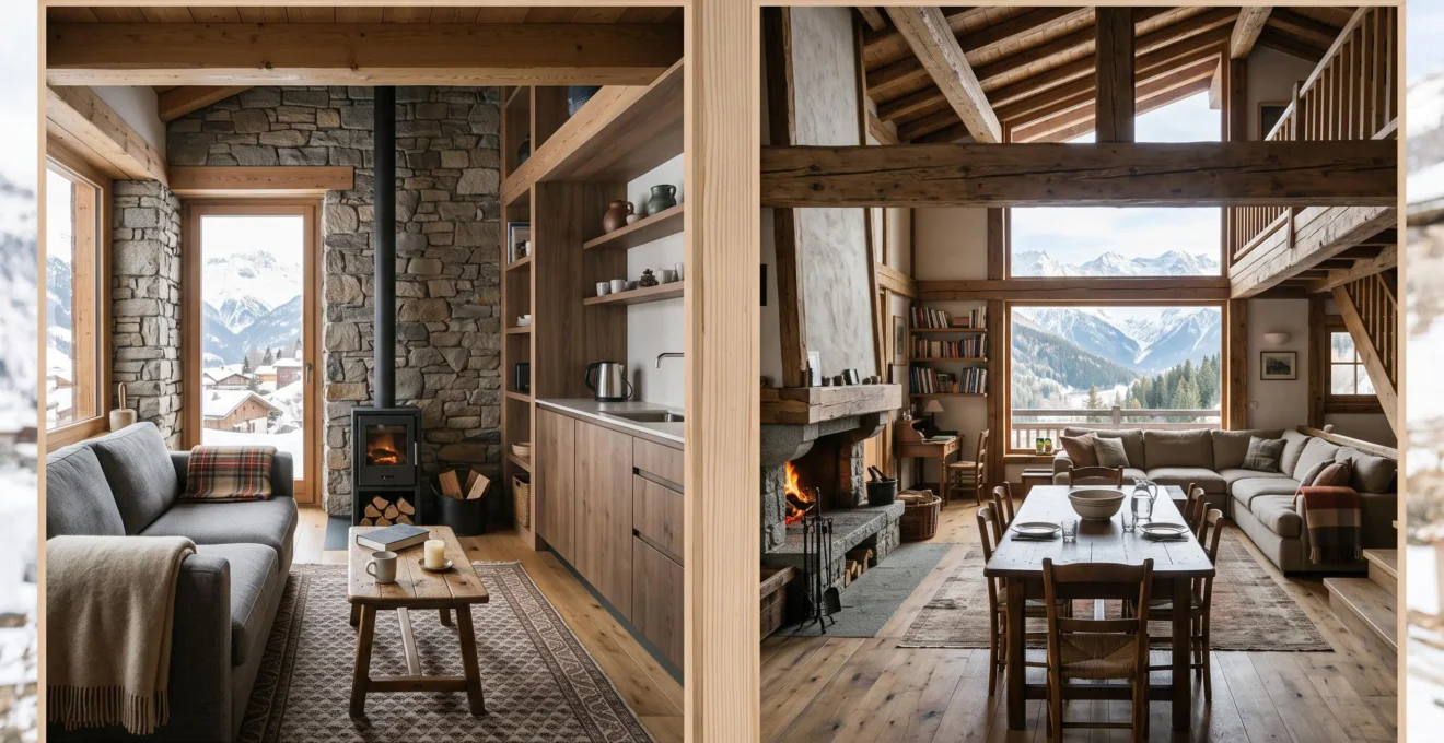 Appartement de station et chalet alpin à Courchevel illustrant des typologies immobilières différentes