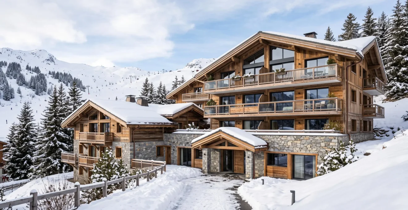 Vue réaliste de résidences et chalets à Courchevel dans un environnement alpin