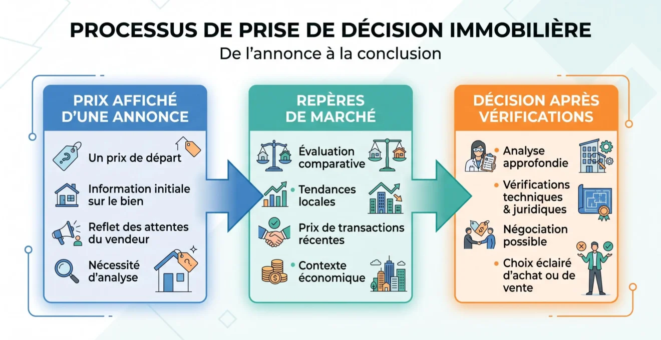 Schéma expliquant la différence entre prix affiché, estimation de marché et décision d'achat