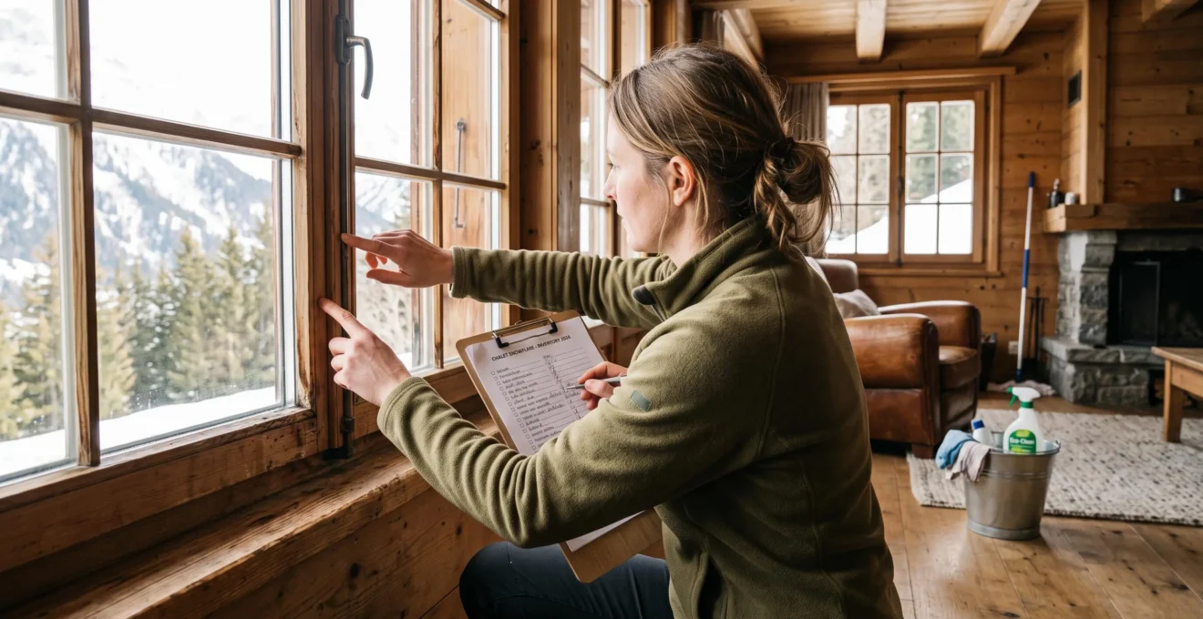 Une agente vérifie l'état des lieux dans un chalet avec une liste de contrôle.