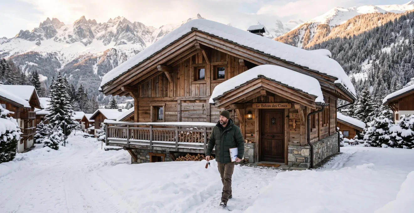 Un gestionnaire se dirige vers un chalet enneigé dans une station alpine.