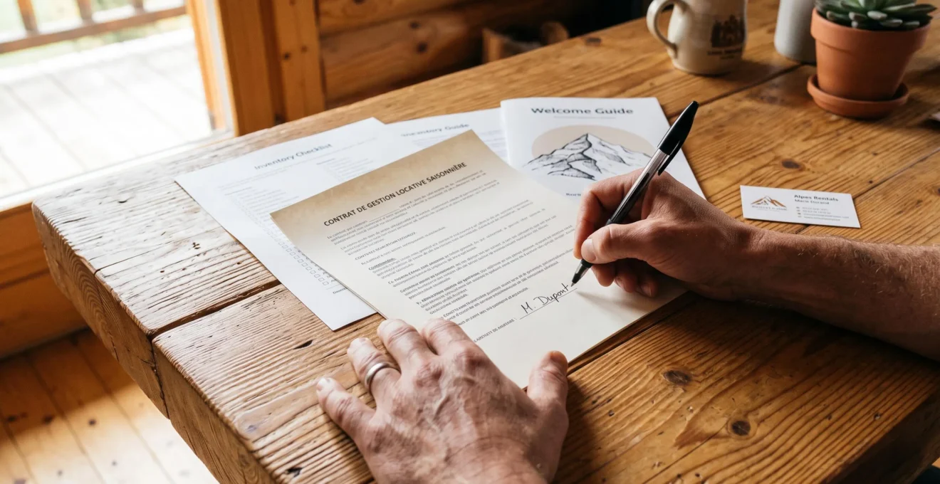 Deux personnes signent un mandat de gestion locative sur une table en bois.